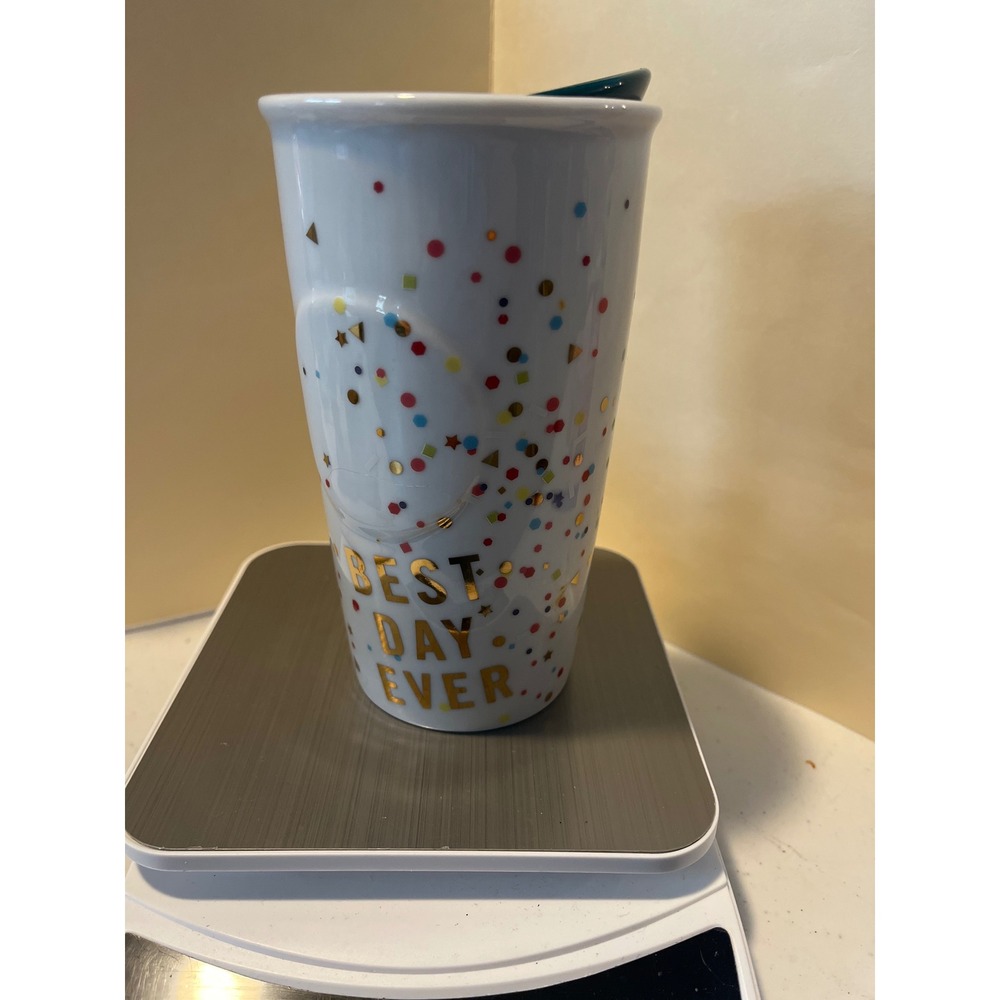 Starbucks Best Day Ever Confetti Ceramic Travel Tumbler Mug 10oz Teal Lid